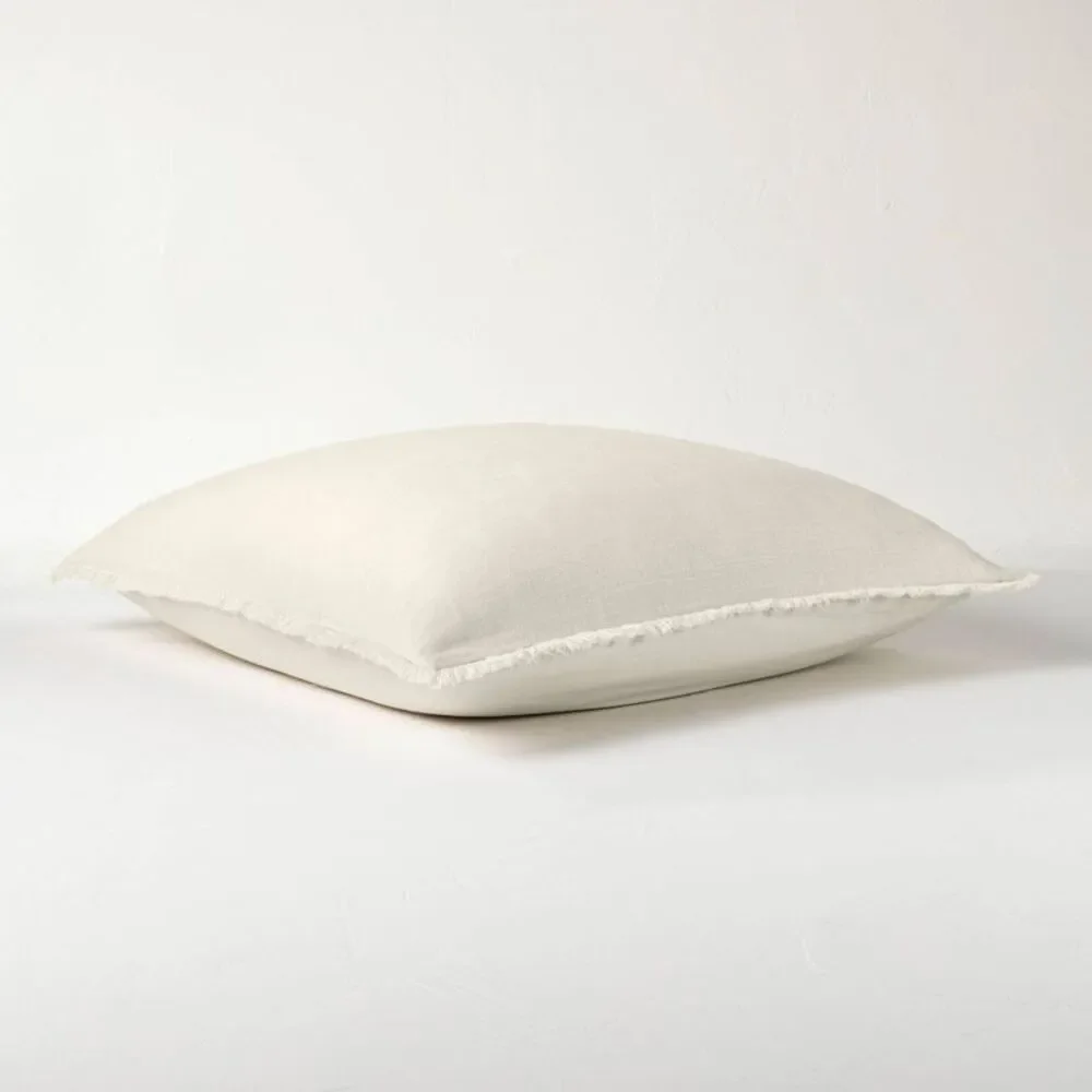 Casaluna Cream Fringed Linen Throw Pillow